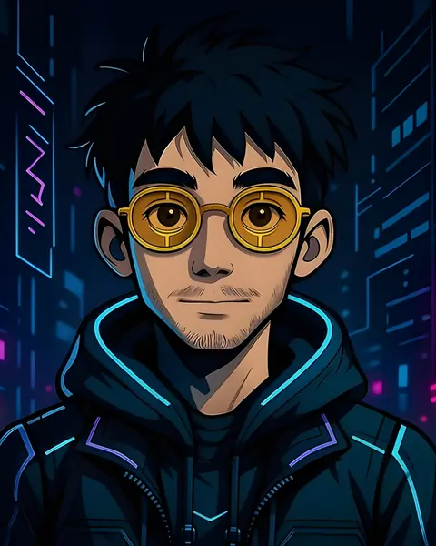 Illustrated portrait of Théo Samarasinghe: round gold glasses and a dark hoodie with cyan piping, against a neon city at night.